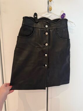 Maje Scallop Waisted Black Leather Skirt - Size 38
